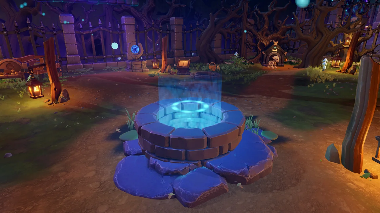 A cyan-lit stone well in the center of the graveyard, surrounded by paths and lanterns.